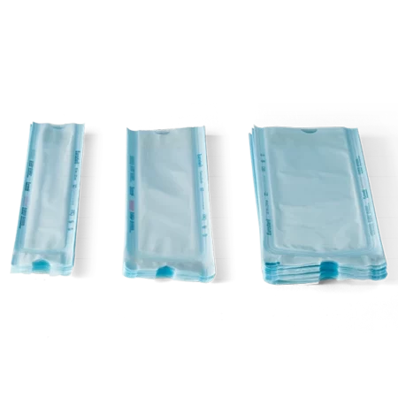 Eurosteril® Sterilization pouches made of heavy weight (60g/m2) white medical paper coupled with a light blue polyethylene/polypropylene layer.