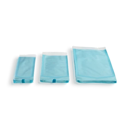 Euronda Self adhesive sterilization pouches made of heavy weight (60g/m2) white medical paper coupled with a light blue polyethylene/polypropylene layer.