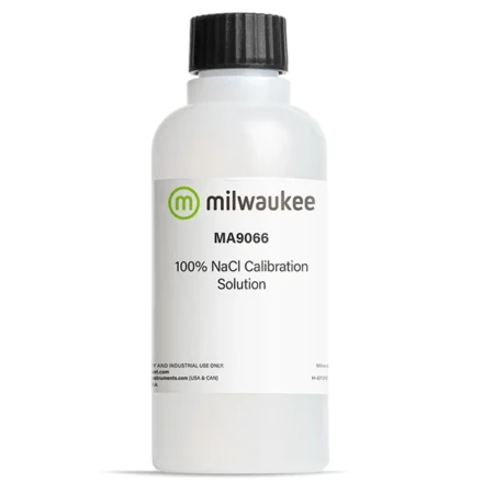 Milwaukee MA9066 100% NaCl calibration solution is available in 230mL bottles.